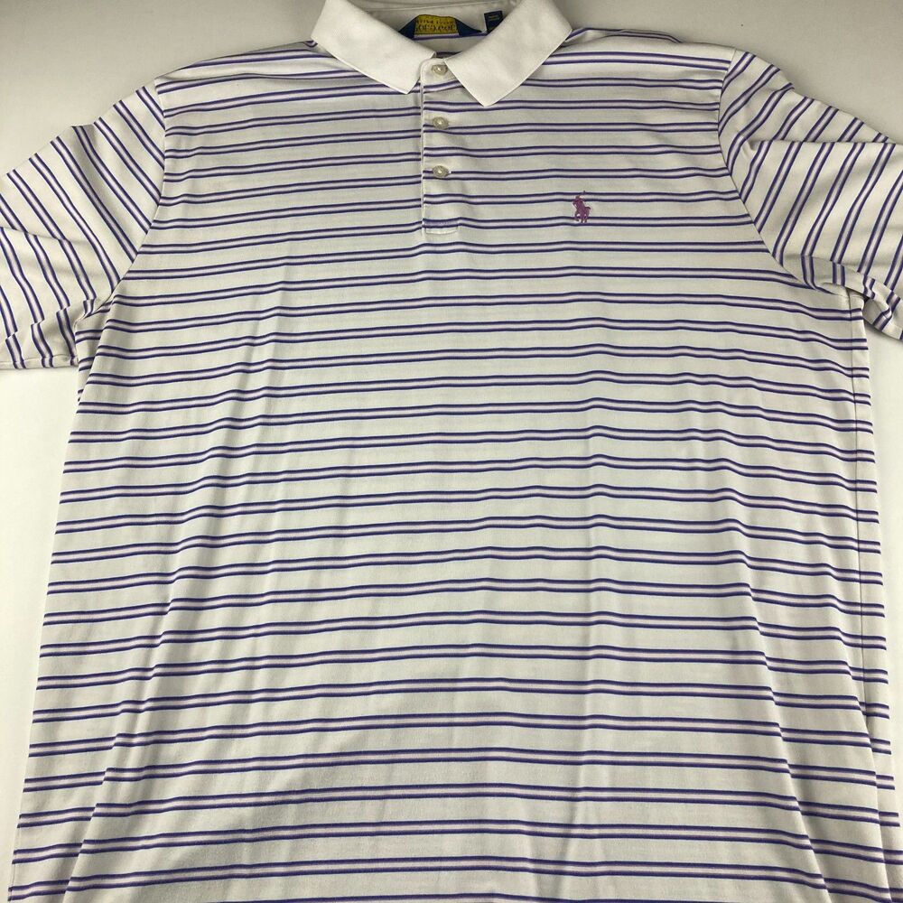 Polo Golf Ralph Lauren Shirt Mens XL White Purple Stripe Stretch Golf Polo